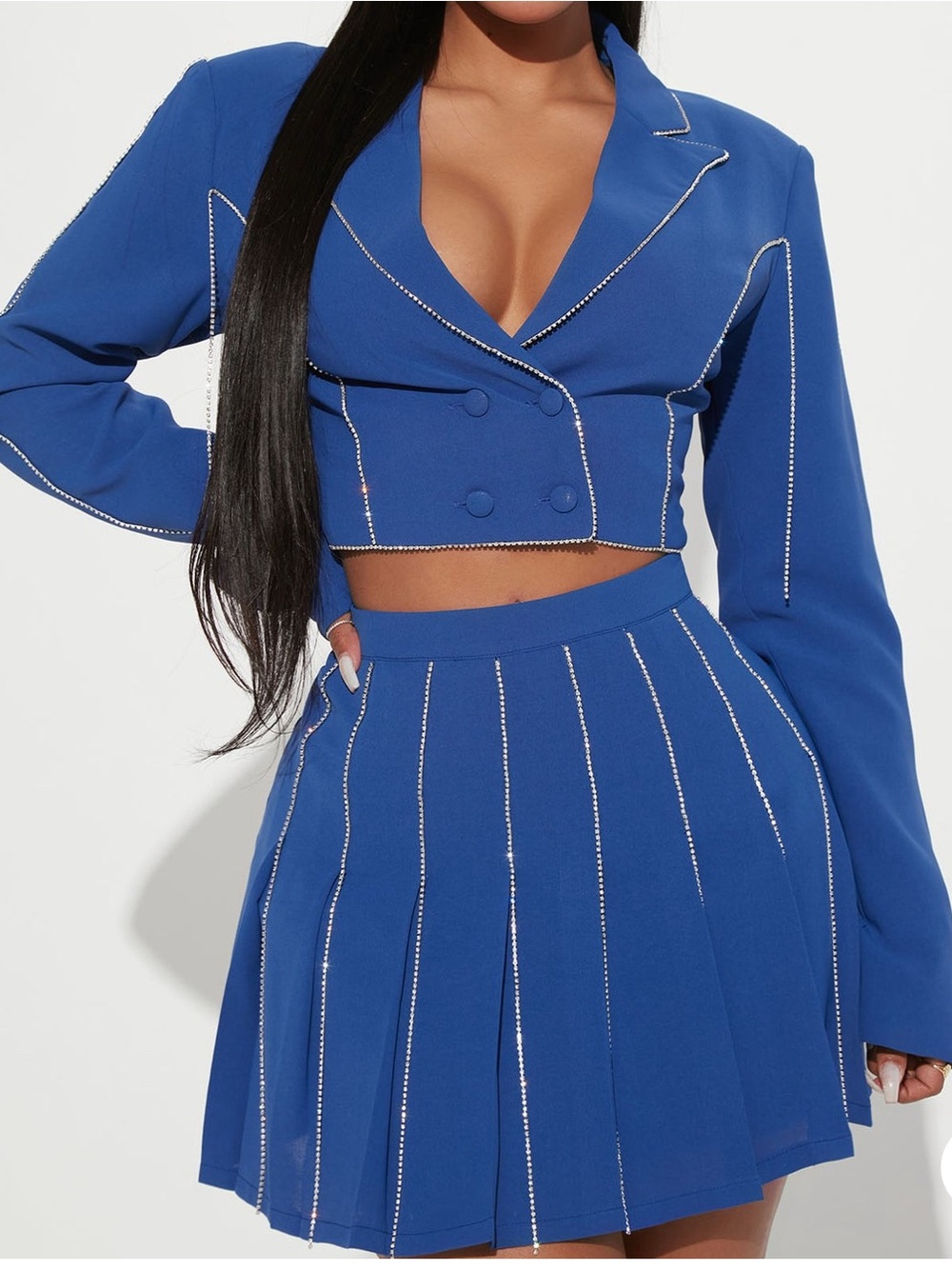 Blue Rhinestone-Trim Pleated Mini Skirt - Women